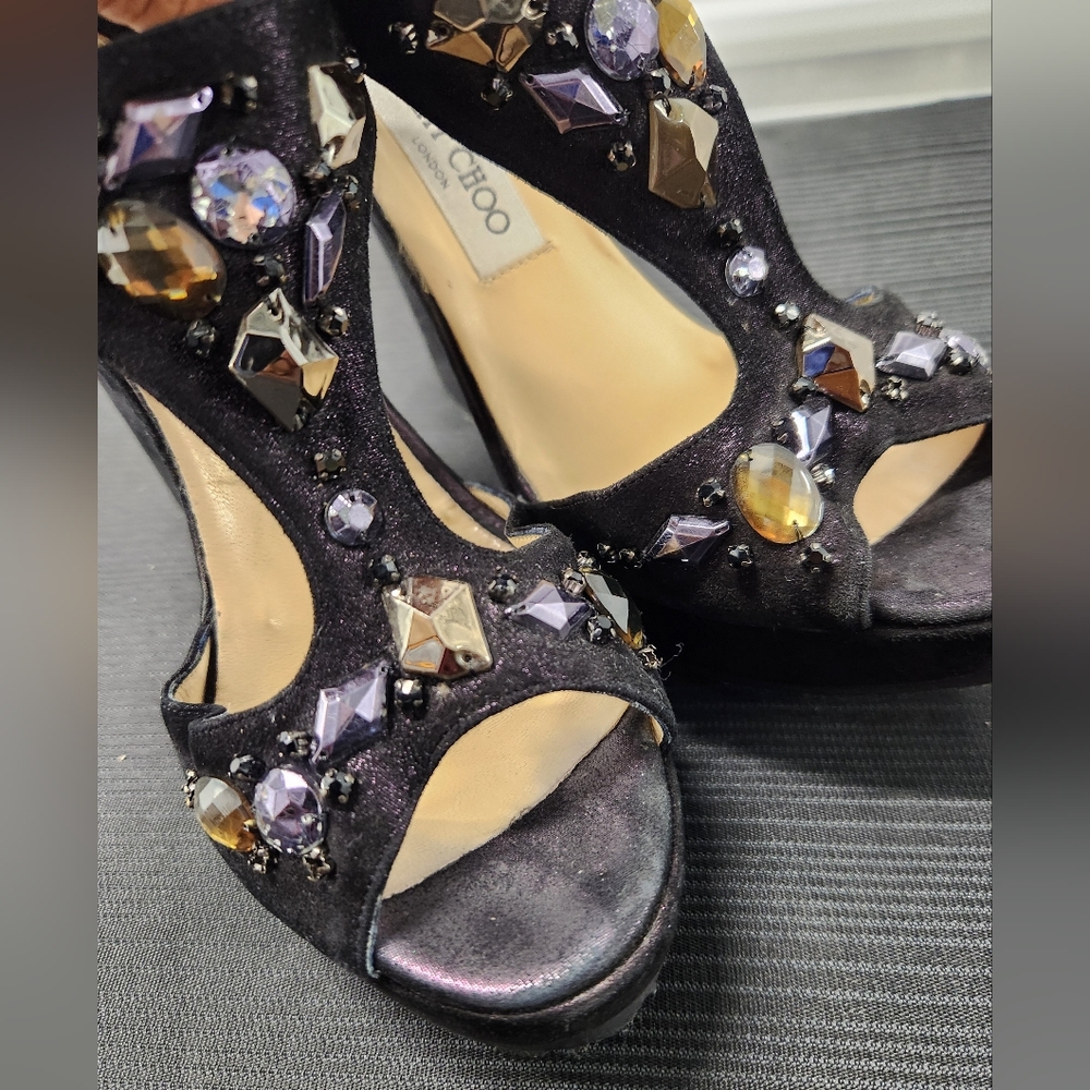 JIMMY CHOO Peyton Silver/Blk Large Jewel/Beaded Embellished T-Strap, 4½" Wedges